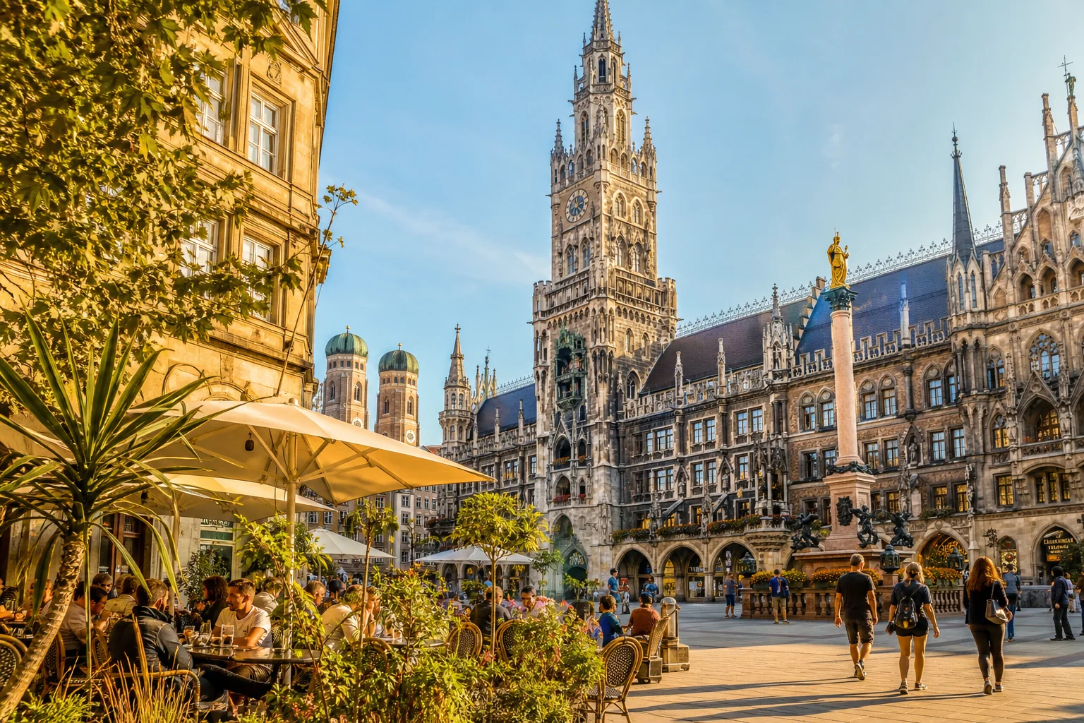 Marienplatz mit Cafés und historischem Rathaus in München